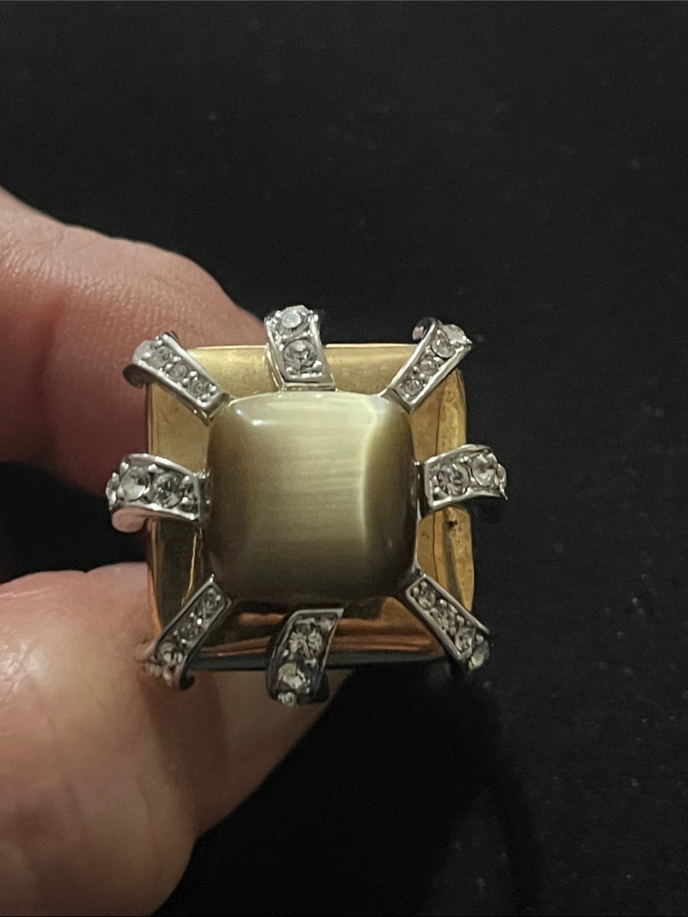 Gold-Tone Ring with Cream Cat's-Eye Center and Clear Crystal Accents